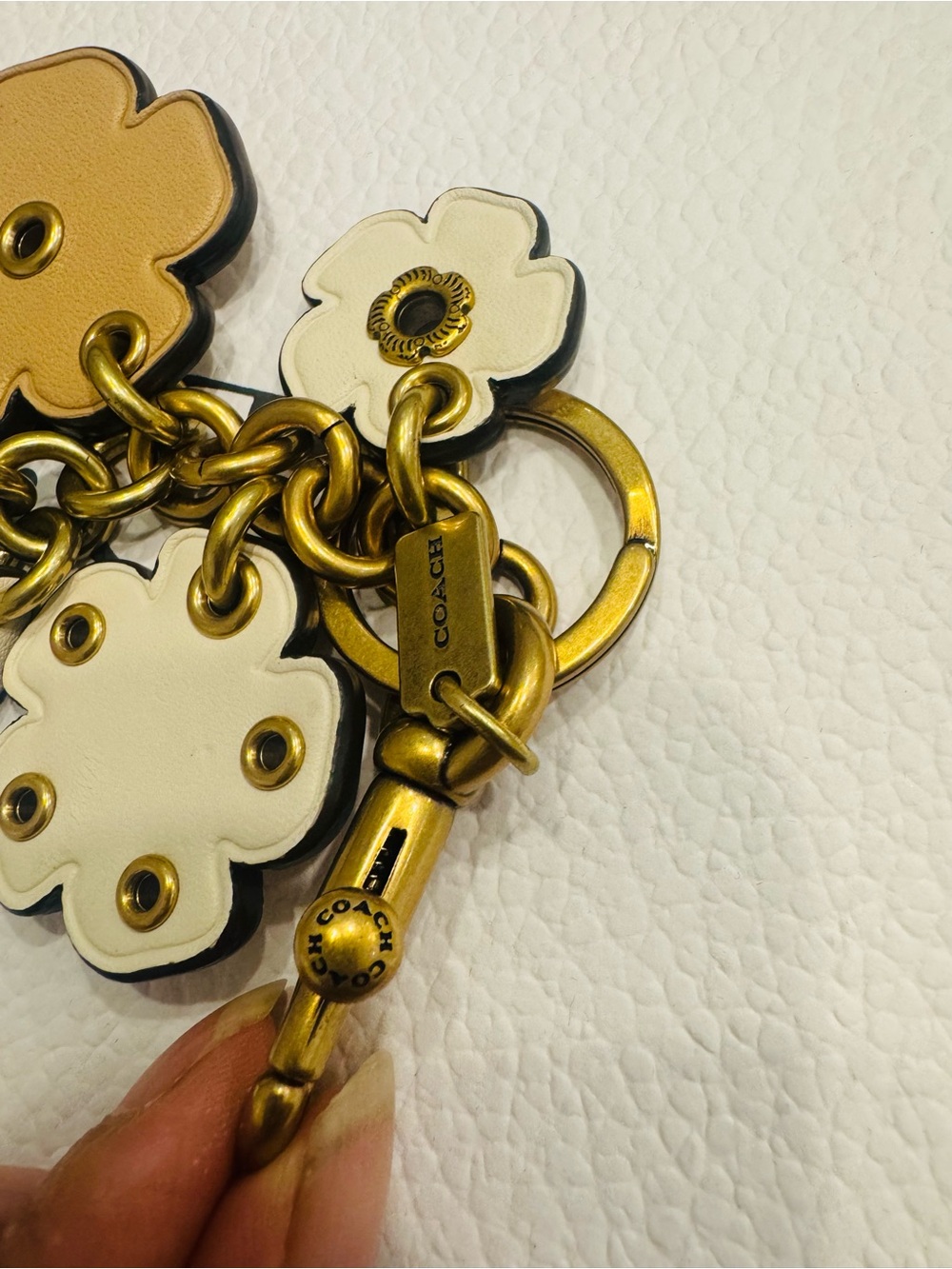 COACH Leather Floral Bag Charm Keychain Multi Flower Gold Tone Purse Charm - Picture 4 of 8